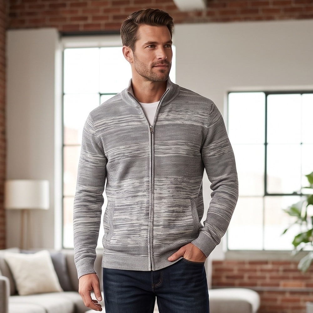 Alfani Mens XL Gray Full Zip Cardigan Sweater Space Dye Striped Cotton Mock Neck